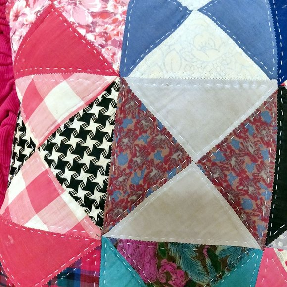 Vintage Patchwork Ruffle Pillow Bright Red Groovy Prints Flowers Stars Check BOH - Picture 9 of 12